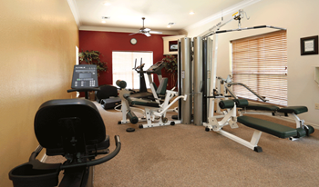 Fitness center with elliptical bike and row machinne, brown carpet tan walls on right and left red wall straight ahead with window ahead and on right wall.